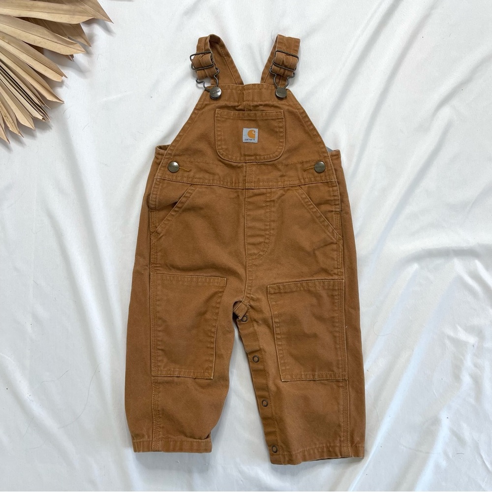 Carhartt Canvas Tan Brown Button Snap Bib Overalls Onesie Jumpsuit Size 12M